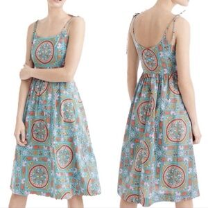 Drake's for J.Crew Size 12 Tie Shoulder Elephant Print Dress Green Midi Cotton